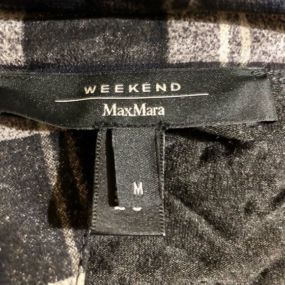 MaxMara Weekend Ruffle Plaid Silk and Knit Button Down Shirt Gray and Navy - Picture 3 of 8